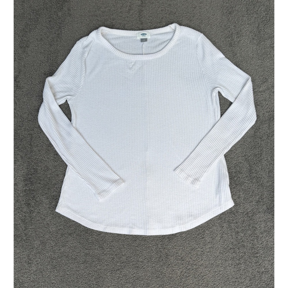 Old Navy Womens Large White Ribbed Knit Long Sleeve Crew Neck Curved Hem Top